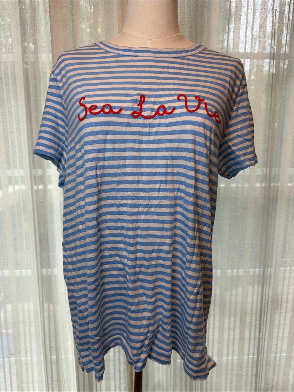 LOFT Light Blue and White Striped Scoop Neck Tee